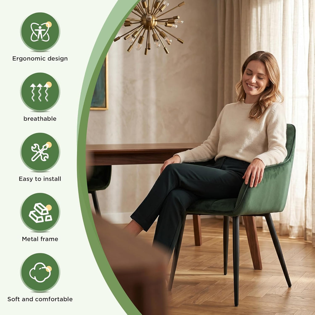 Modern Green Velvet Dining Chairs, Upholstered Tufted Side Chairs with Arms Set of 2, Black Metal Legs, Accent Arm Chairs for Kitchen, Dining Room, Living Room (Green)