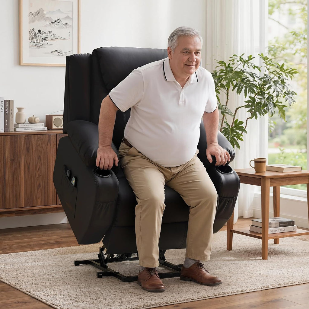 Korser Oversized Power Lift Recliner Chair with Massage and Heat for Elderly, 26" Overstuffed Wide Electric Recliner with 2 Side Pockets, Cup Holders, Lift Chair for Living Room, Faux Leather, Black