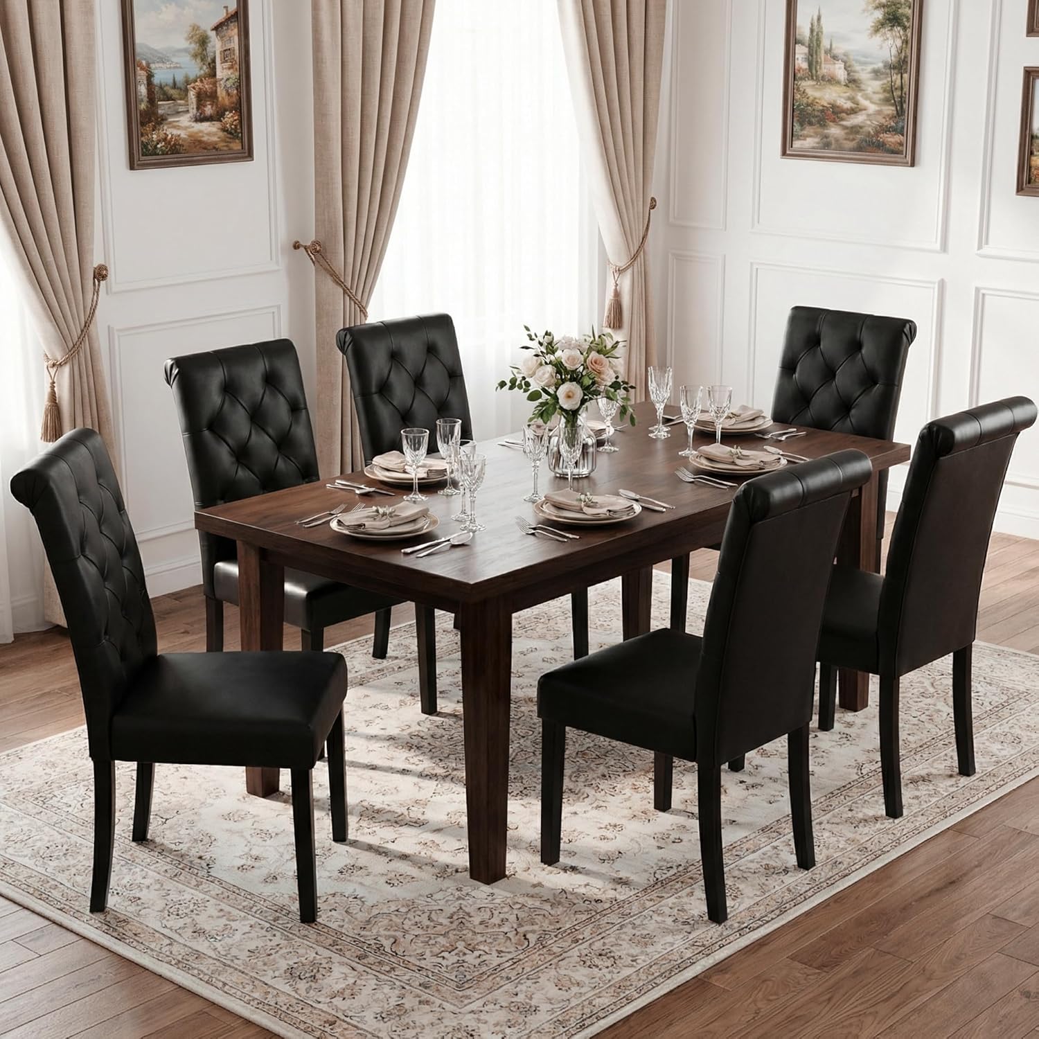 LSSBOUGHT Upholstered Dining Chairs Set of 4,Tufted Parsons Kitchen Chair with Solid Wood Legs, Modern PU Leather Side Chair for Dining Room/Restaurant(4pcs,Black)