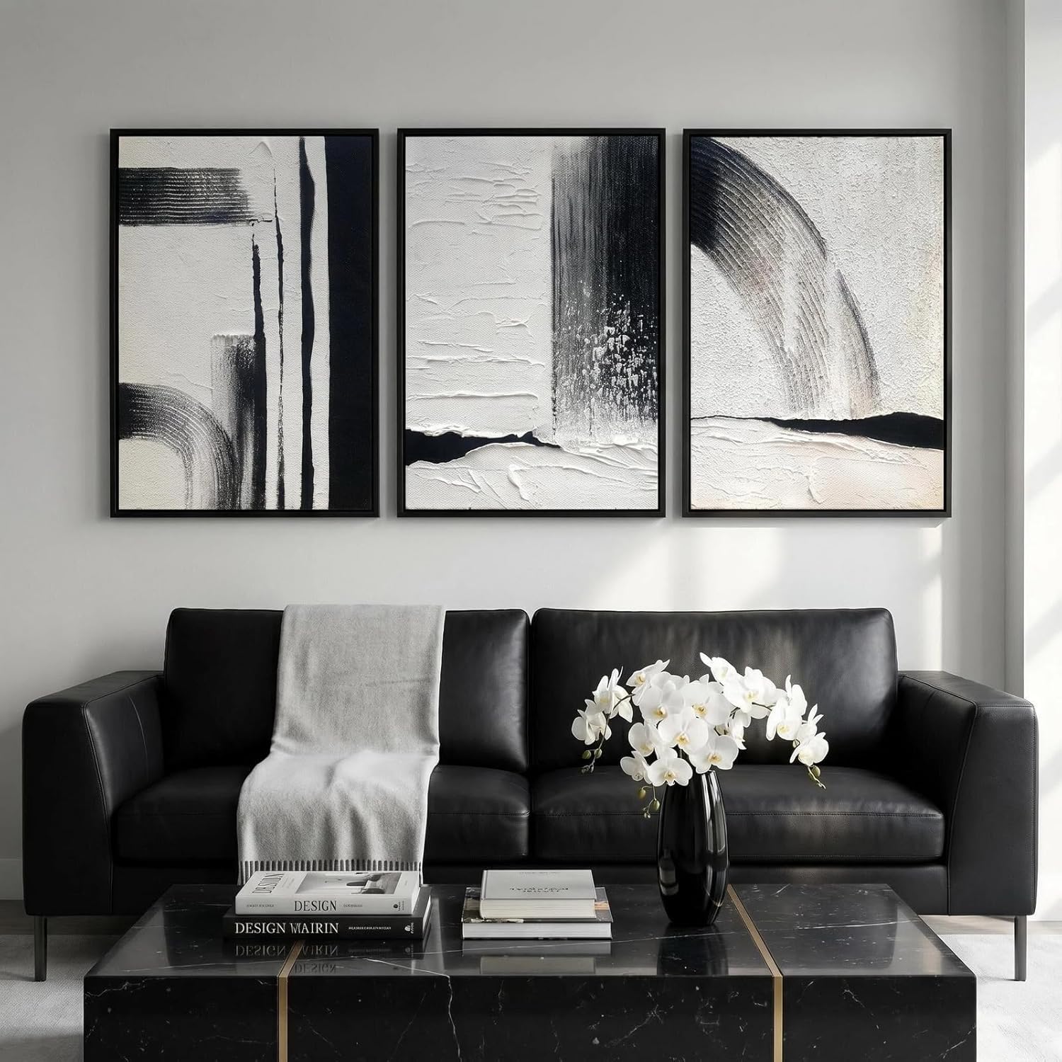 Black and White Textured Abstract Wall Art for Living Room, 3 Piece Framed Modern Artwork for Walls, Hand Painted Minimalist 3D Oil Paintings for Hallway Office Wall Decor 24x48 In