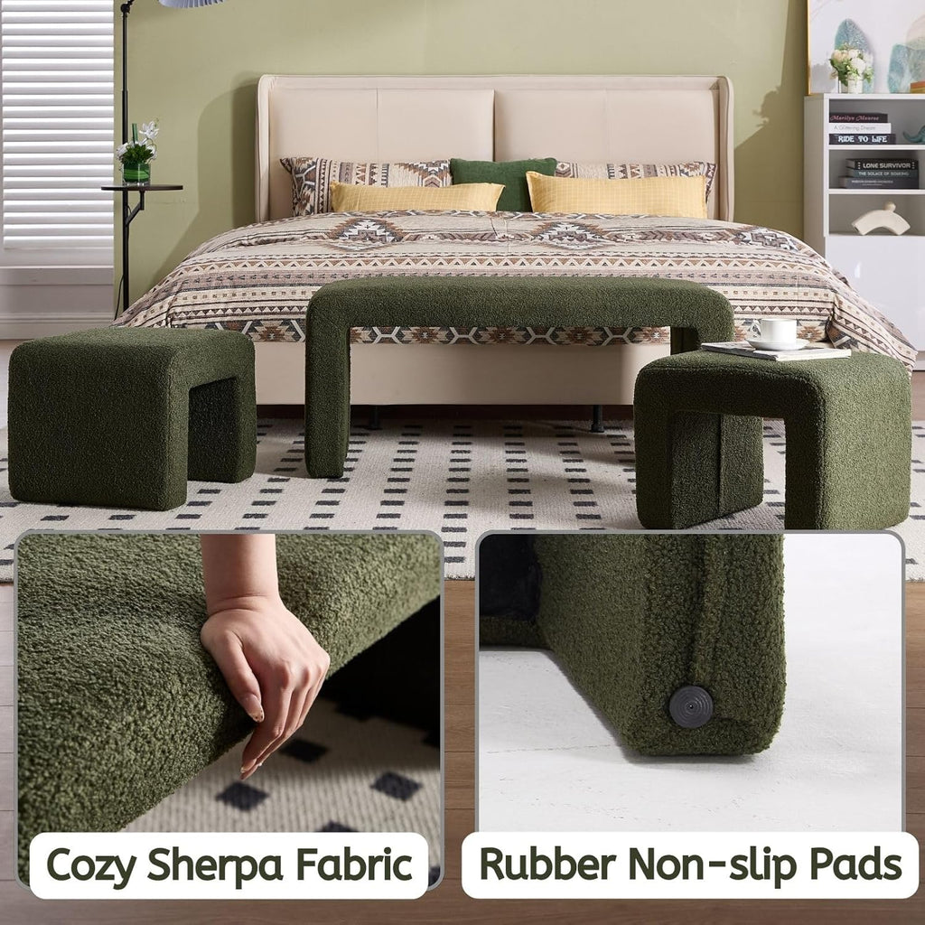 LukeAlon 3-Piece Nesting Ottoman Bench Set, 40.5" Wide Upholstered End of Bed Bench with 2 Small Stools Sherpa Comfy Entry Bench Vanity Stools Modern Arched Bench for Living Room Bedroom, Green