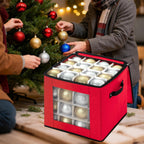 JY COOKMENT Christmas Ornament Storage Box with Adjustable Dividers, Premium Holiday Ornaments Storage Container Bin with Zippered Top for Xmas Decorations (64-3" Balls, Red, Without Tray)