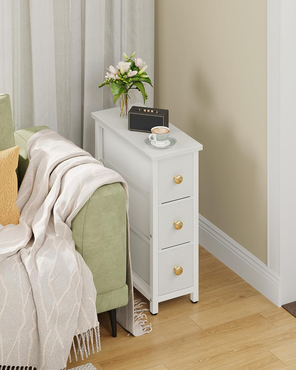 CHOEZON Narrow Side Table with 3 Fabric Drawers, Industrial Slim Bedside Table for Small Spaces, Bedroom, Living Room, Dormitory, White TBZ09WB