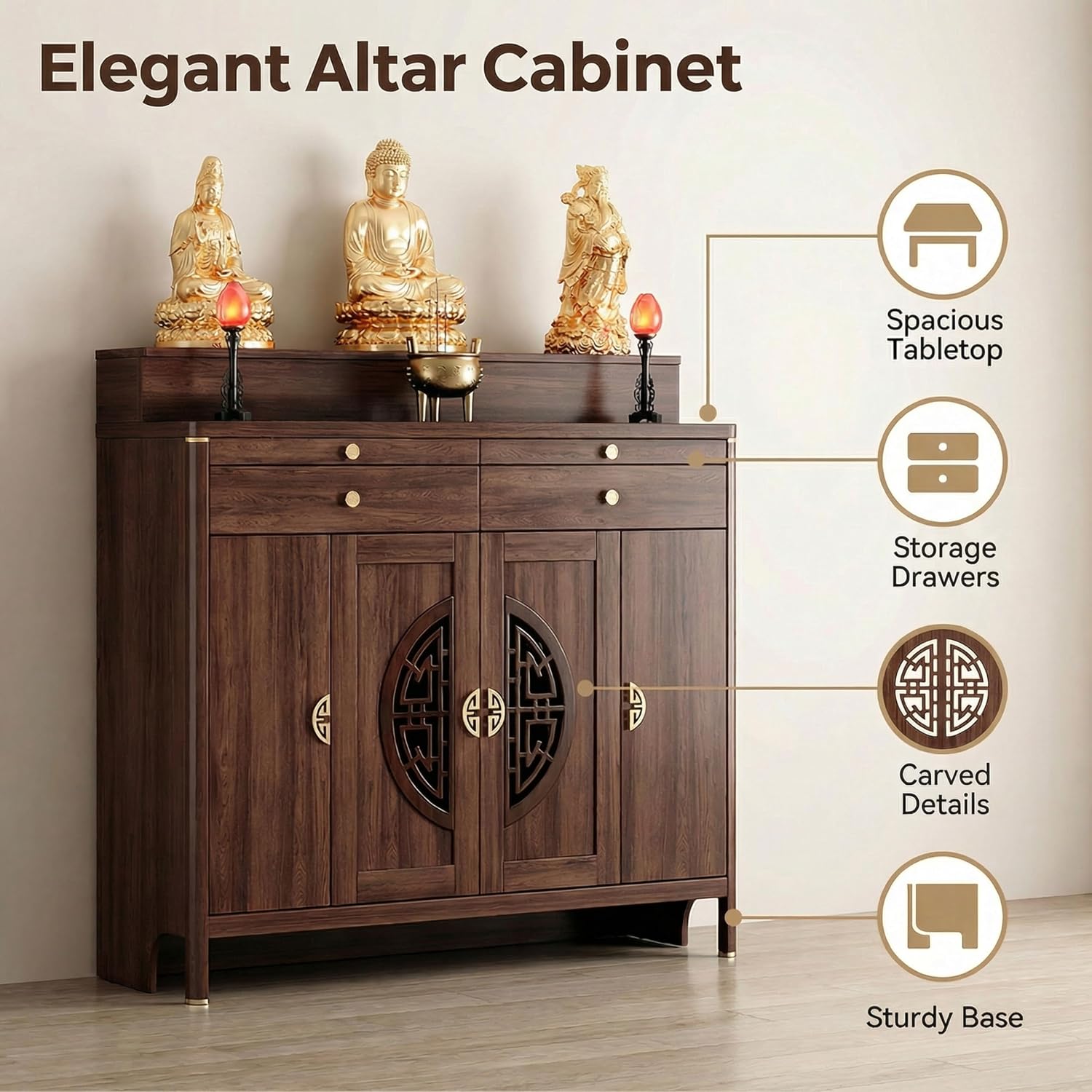 Solid Wood Personal Shrine Altar Table, Prayer Buddhist Niche Incense Table with Storage Cabinet, Buddha Niche Shrine Table, Buddhist Meditation Altar Cabinet (30.7 * 17.7 * 48.8in, Wood)