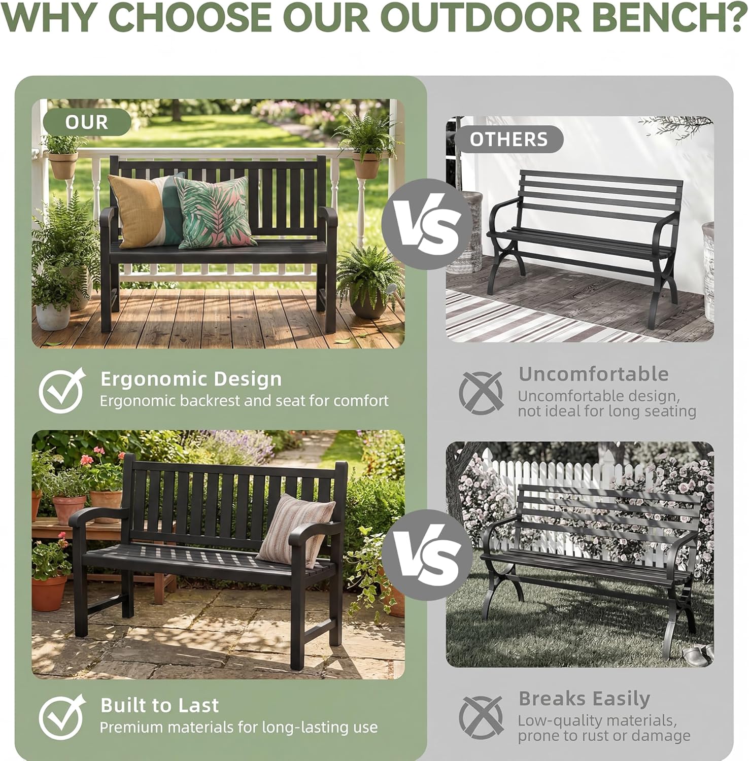 Outdoor Bench, 2-Person Outdoor Benches Weatherproof with 600 lbs Weight Capacity, Low Maintenance, Garden Bench for Patio, Park, Porch, Backyard, Balcony and School (Black)