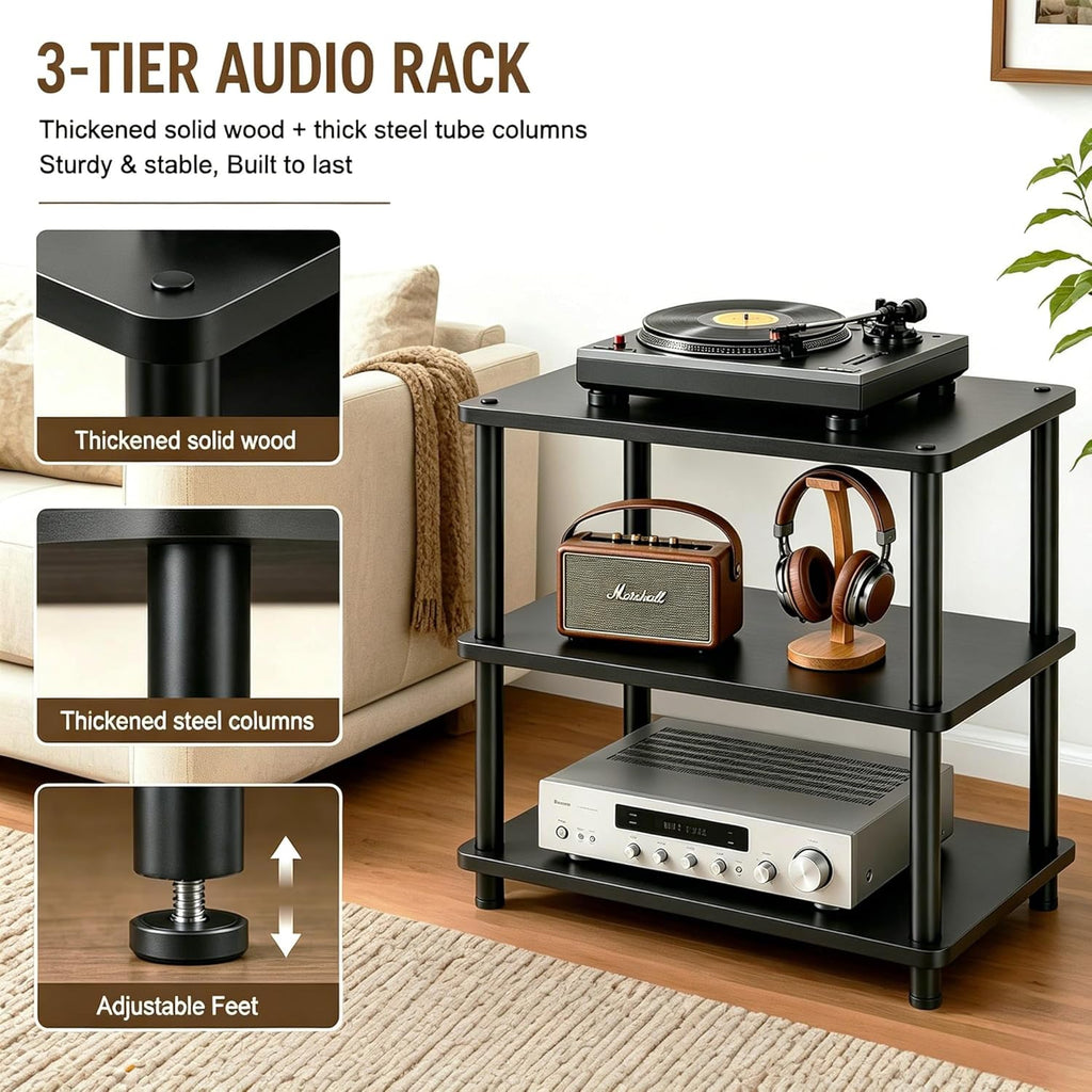 Heavy Duty Audio Component Rack, 4-Tier Height Adjustable AV Equipment Media Stand, Stereo CD Record Player Stand, with Shock-Absorbing Feet & Lockable Wheels | 220lbs Capacity(Black,3 tier)