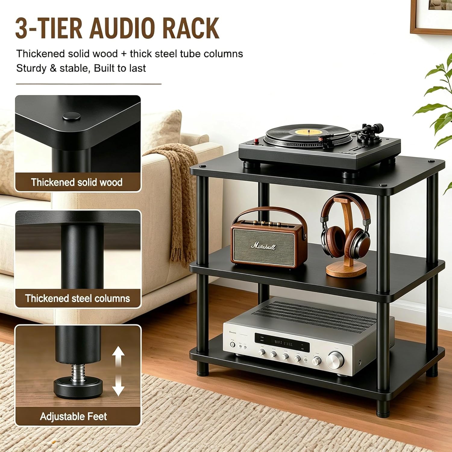 Heavy Duty Audio Component Rack, 4-Tier Height Adjustable AV Equipment Media Stand, Stereo CD Record Player Stand, with Shock-Absorbing Feet & Lockable Wheels | 220lbs Capacity(Black,3 tier)