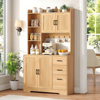 Kitchen Pantry Cabinet with Charging Station, 68" Tall Storage Cabinet with 3 Drawers, 2 Cabinets, Open Shelves, Fluted Doors, Wood Kitchen Hutch with Microwave Stand for Dining Room Living Room