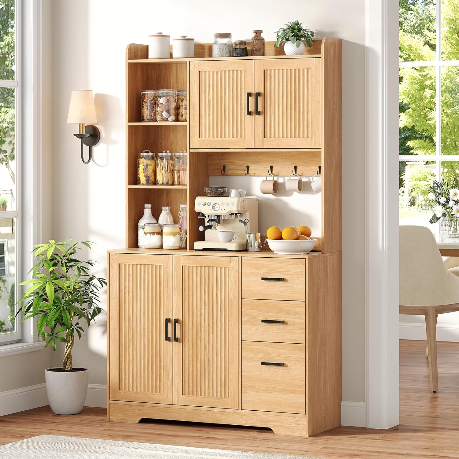 Kitchen Pantry Cabinet with Charging Station, 68" Tall Storage Cabinet with 3 Drawers, 2 Cabinets, Open Shelves, Fluted Doors, Wood Kitchen Hutch with Microwave Stand for Dining Room Living Room