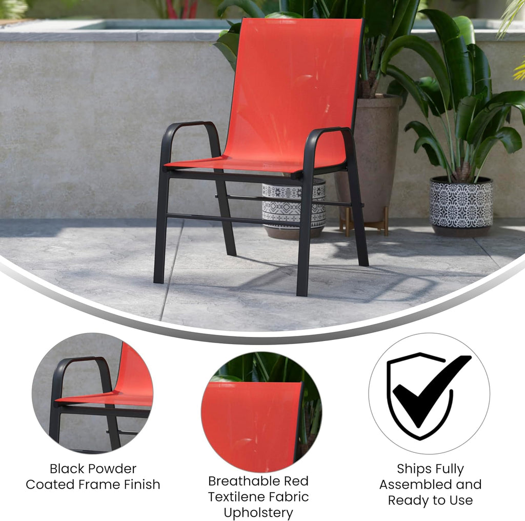 EMMA + OLIVER Alsek Patio Barstools - Powder Coated Steel Frames - Red Textilene Seats - Improved Air Circulation - Integrated Footrests - Set of 4