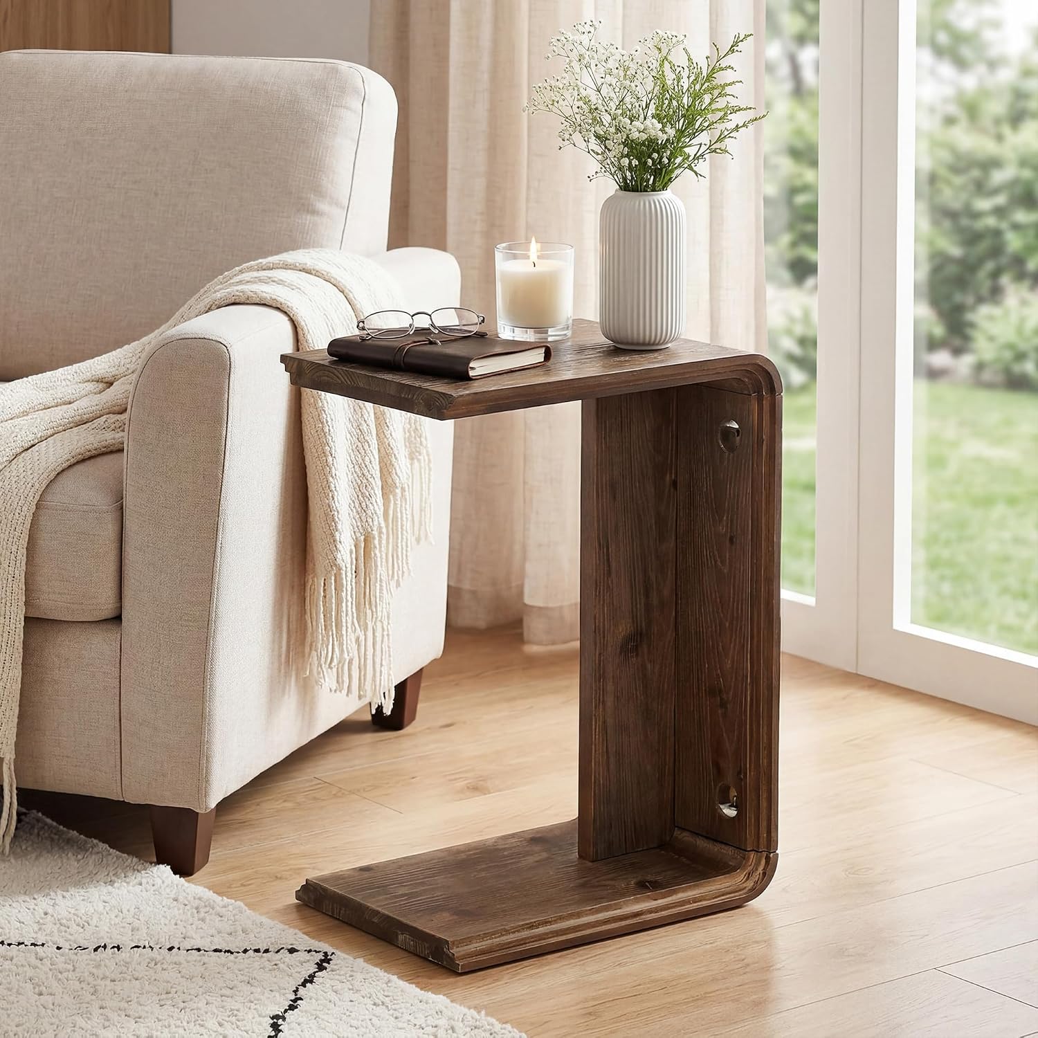 C-Shaped Solid Wood End Table, Wooden Narrow Sofa Side Table for Couch, Living Room, Bedroom, Small Space, Easy Assembly (1 Pcs, Dark Brown)