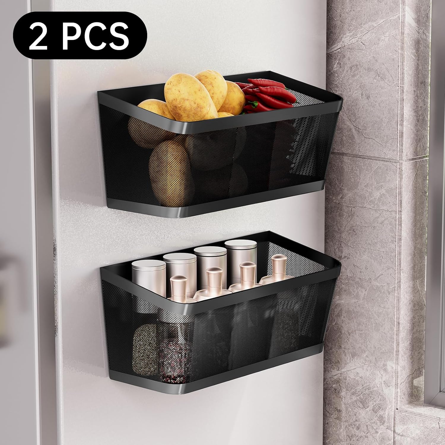 2Pcs Magnetic Spice Rack for Fridge Magnet Hanging Basket Holder for Seasonings Fruit Vegetables Coffee Beans Magnetic Organizer Shelf, Kitchen Refrigerator Organizers