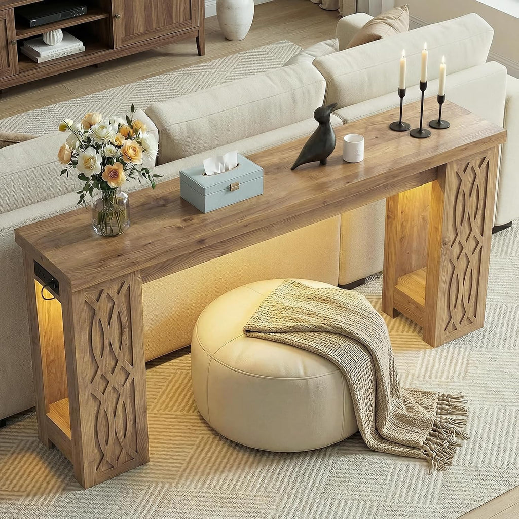 Cyclysio 63" Console Table with Outlet, Farmhouse Entryway Table with Colorful LED Lights, Wooden Sofa Table with Unique Carved Design, Foyer Accent Table for Entrance, Hallway, Living Room Natural
