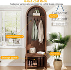 Hall Tree with Bench and Shoe Storage, Entryway Storage Bench with Coat Rack, 70.9"Arch Coat Rack with 4 Hooks and 2 Fluted Doors, Farmhouse Style Furniture Organizer for Hallway (Walnut, 23.7"W)