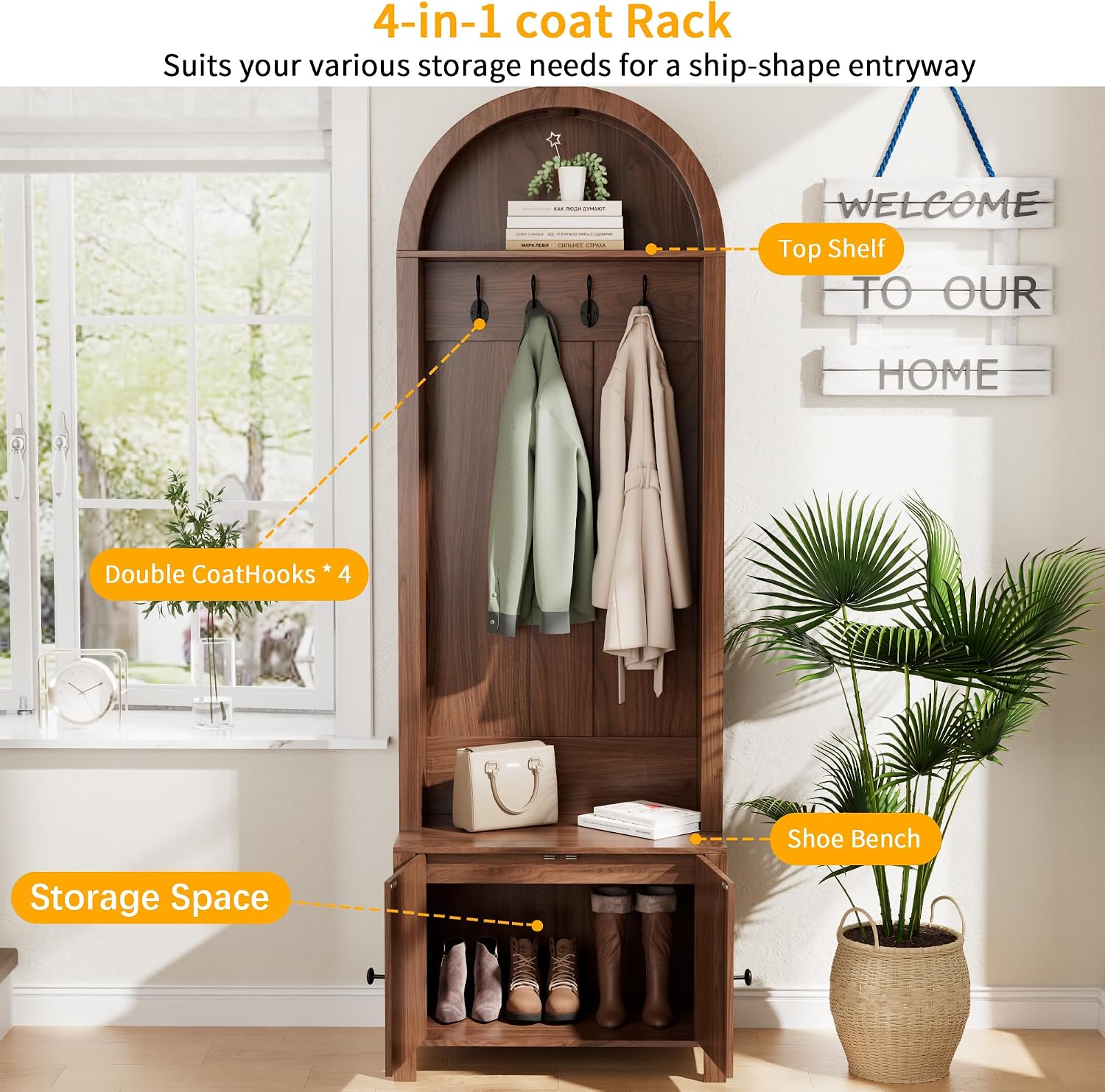 Hall Tree with Bench and Shoe Storage, Entryway Storage Bench with Coat Rack, 70.9"Arch Coat Rack with 4 Hooks and 2 Fluted Doors, Farmhouse Style Furniture Organizer for Hallway (Walnut, 23.7"W)