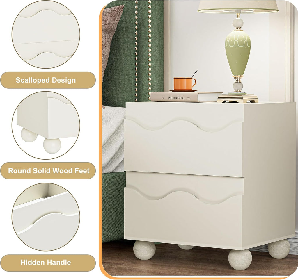 Anbuy Beige Nightstand Set of Two, Modern Night Stand Set of 2 with 2 Drawers for Bedroom, Side End Table with Hidden Handles Scalloped Bedside Night Tables with Solid Wood Legs