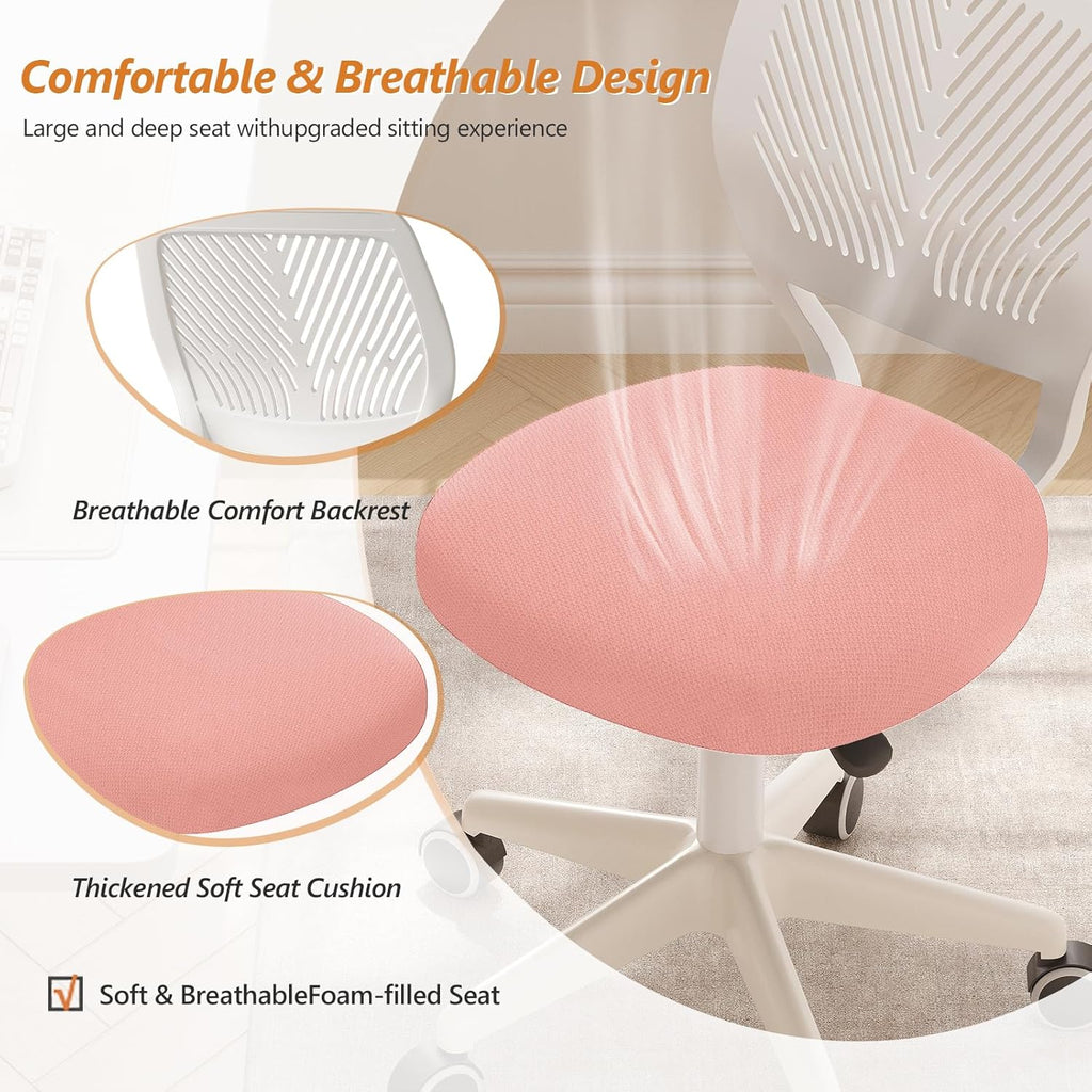 JPBSTO Armless Desk Chair, Height Adjustable Swivel Office Rolling Task Chairs with Soft Mesh Padded Cushion, Ergonomic Small Study Computer Chair for Girls Boys Teens, Pink