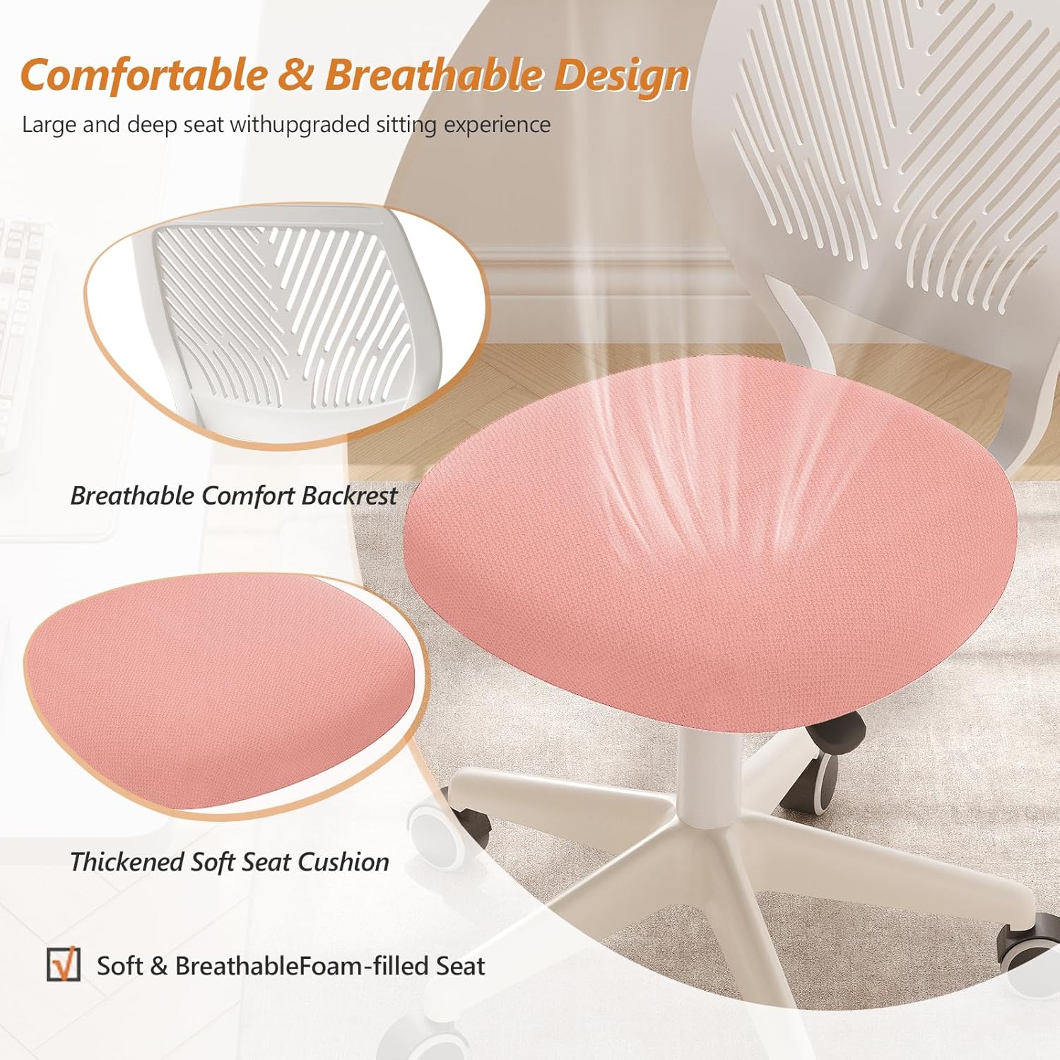 JPBSTO Armless Desk Chair, Height Adjustable Swivel Office Rolling Task Chairs with Soft Mesh Padded Cushion, Ergonomic Small Study Computer Chair for Girls Boys Teens, Pink