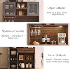Fatmok 71" Tall Pantry Cabinet with Glass Doors, Kitchen Hutch Storage Cabinet, Coffee Bar & Liquor Cabinet with Charging Station & LED Lights, Wine Rack, Adjustable Shelves＆Large Drawer, Brown