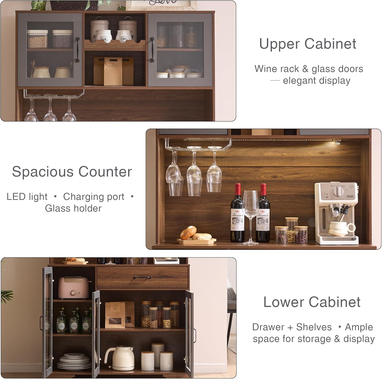 Fatmok 71" Tall Pantry Cabinet with Glass Doors, Kitchen Hutch Storage Cabinet, Coffee Bar & Liquor Cabinet with Charging Station & LED Lights, Wine Rack, Adjustable Shelves＆Large Drawer, Brown