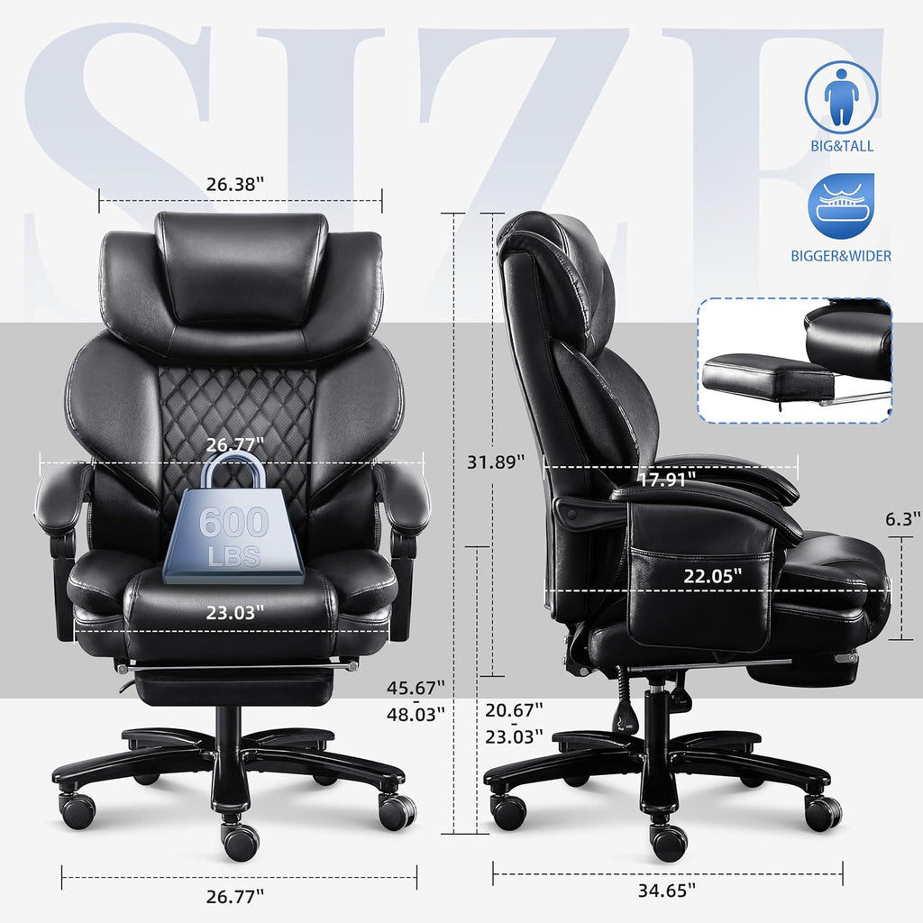 650LBS Massage Office Chair, PU Big and Tall Office Chairs with Vibration Kneading 4-Points, Oversized Ergonomic Reclining Executive Chair with Footrest, High Back Thick Cushion Gaming Chair,Black