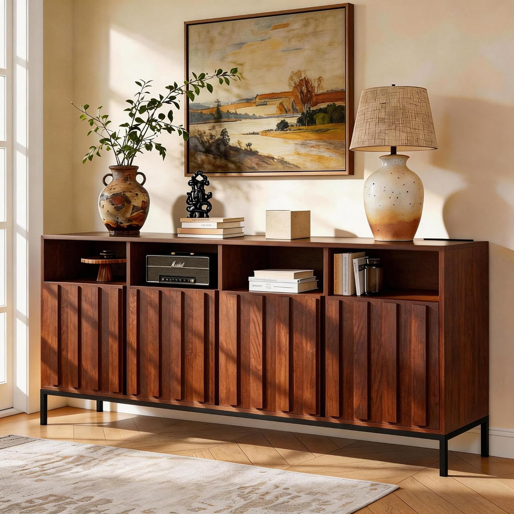 COCO DESIGN 70" Large Buffet Sideboard Cabinet with Power Outlets & Adjustable Shelves, Modern Farmhouse Accent Storage Credenza Console for Kitchen, Living Room, Walnut