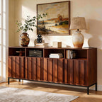 COCO DESIGN 70" Large Buffet Sideboard Cabinet with Power Outlets & Adjustable Shelves, Modern Farmhouse Accent Storage Credenza Console for Kitchen, Living Room, Walnut