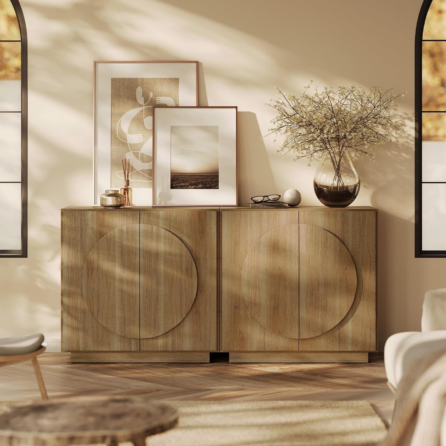 BELLEZE Modular Buffet Cabinet with Storage,Mid Century Modern Arched Sideboard with Adjustable Shelf & Symmetrical Doors,Credenza for Entryway Kitchen Living Room, Set of 2 (Camel)