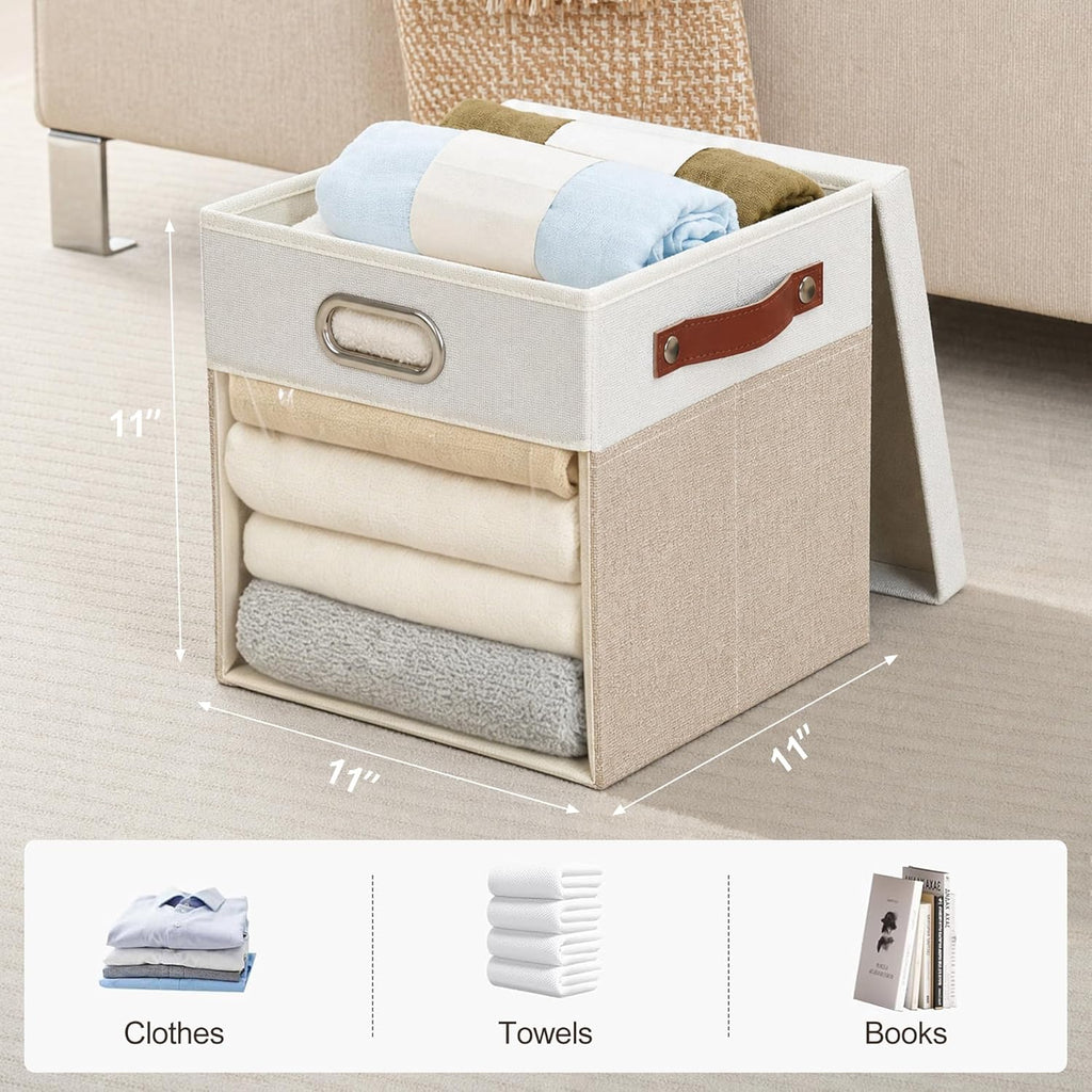 Ultra Thick Fabric Storage Cubes with Lids & Windows, 11-Inch Foldable Closet Storage Bins with 3 Handles, Home Decorative Boxes for Bedroom, Living Room, Dorm, Office (Beige & White)
