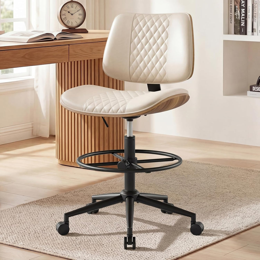 Drafting Chair with Adjustable Footrest, Armless Modern Tall Office Chair for Standing Desk, PU Leather Swivel Stool in Curved Bentwood Style, Ergonomic Rolling Walnut Chair for Office(Beige)