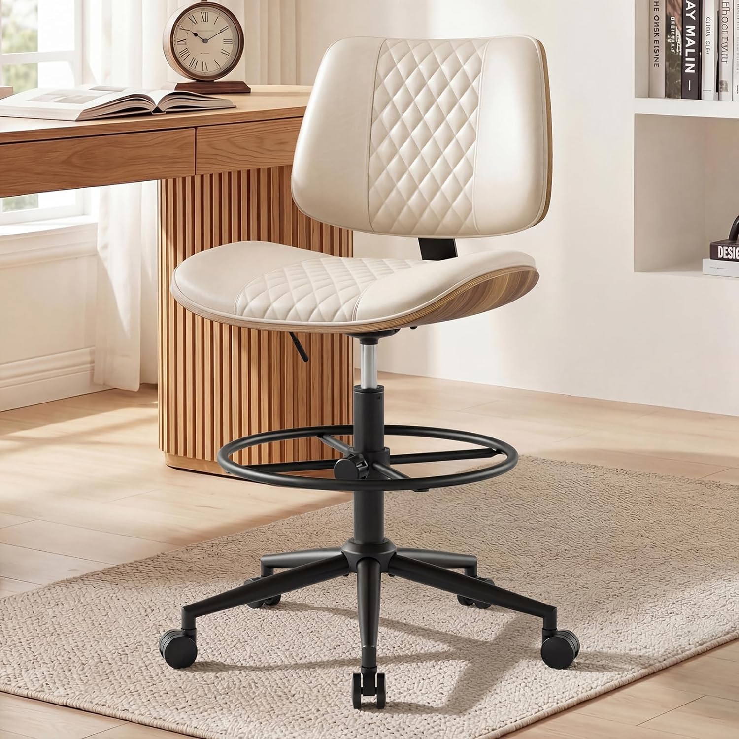 Drafting Chair with Adjustable Footrest, Armless Modern Tall Office Chair for Standing Desk, PU Leather Swivel Stool in Curved Bentwood Style, Ergonomic Rolling Walnut Chair for Office(Beige)