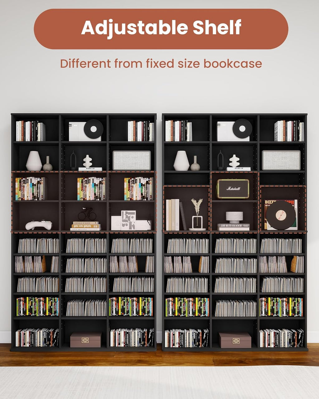 DVD Storage Shelf, 8-Tier Media Storage Cabinet with Adjustable Shelves for CDs, DVDs, Video Games, DVD Stand Tower for Living Room, Bedroom, Office, Black