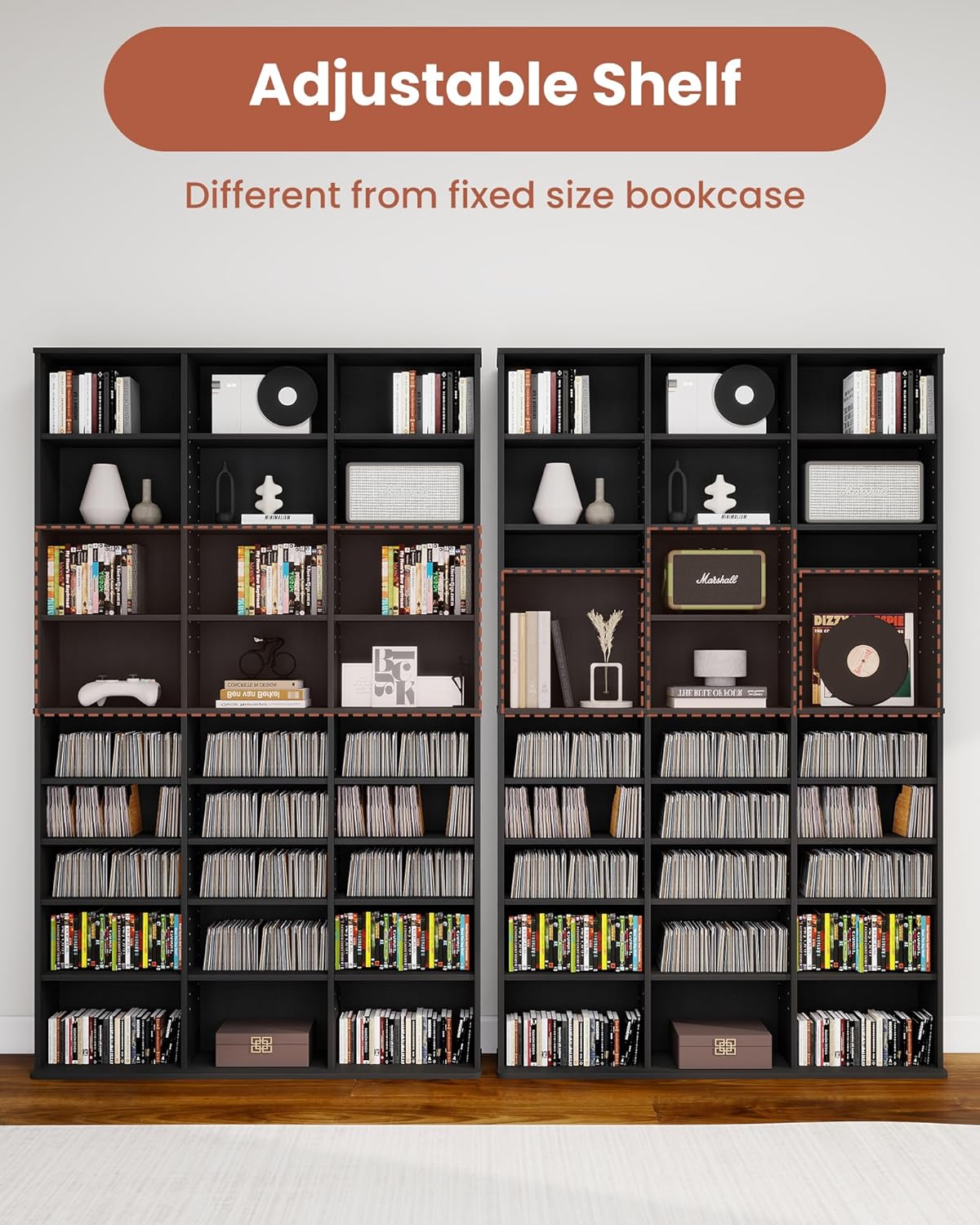 DVD Storage Shelf, 8-Tier Media Storage Cabinet with Adjustable Shelves for CDs, DVDs, Video Games, DVD Stand Tower for Living Room, Bedroom, Office, Black