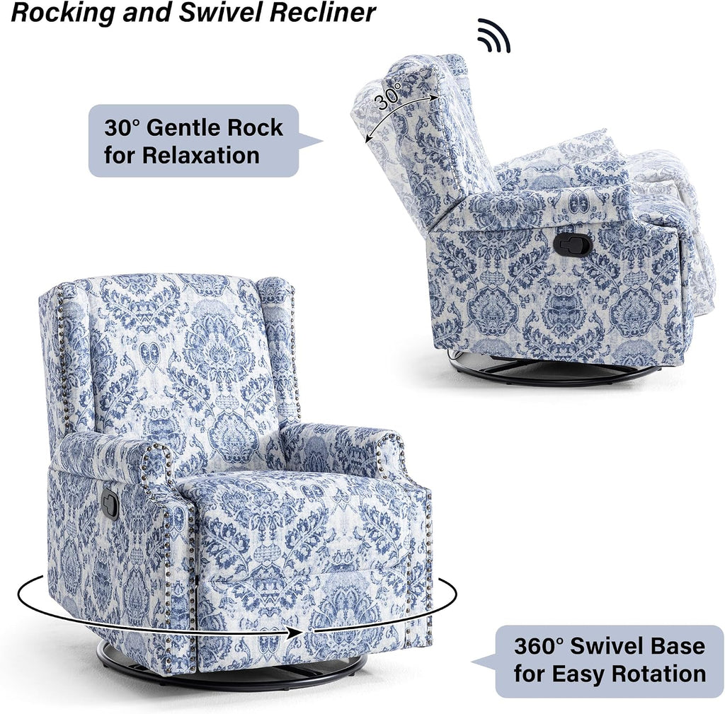 Swivel Rocker Recliner Chair Set of 1, Manual Nursery Glider Recliner, Floral Fabric Wingback Accent Chair with Adjustable Backrest & Footrest for Small Spaces Living Room Bedroom -Navy Blue