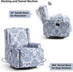 Swivel Rocker Recliner Chair Set of 1, Manual Nursery Glider Recliner, Floral Fabric Wingback Accent Chair with Adjustable Backrest & Footrest for Small Spaces Living Room Bedroom -Navy Blue