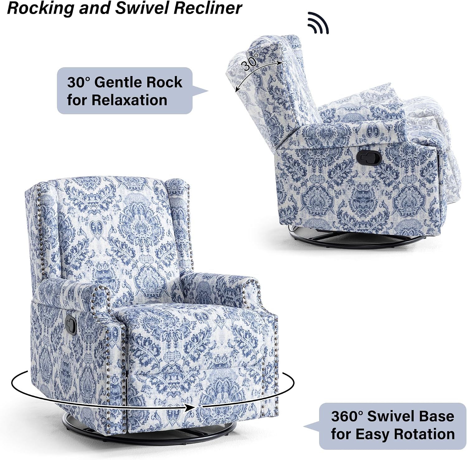 Swivel Rocker Recliner Chair Set of 1, Manual Nursery Glider Recliner, Floral Fabric Wingback Accent Chair with Adjustable Backrest & Footrest for Small Spaces Living Room Bedroom -Navy Blue