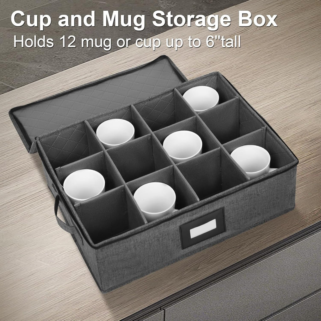 Mug Storage Box with Dividers, China Cup Storage Containers For Tea Cups | Coffee Mugs Storage Box with Zipper Lid and Rivet Reinforced Handles, Hard Shell and Stackable (Black)