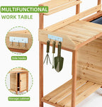 Outdoor Wooden Potting Bench with Sink, Sliding Tabletop & Removable Tray, Large Storage Cabinet + Bottom Shelf, Natural Wood Garden Workstation for Patio & Lawn