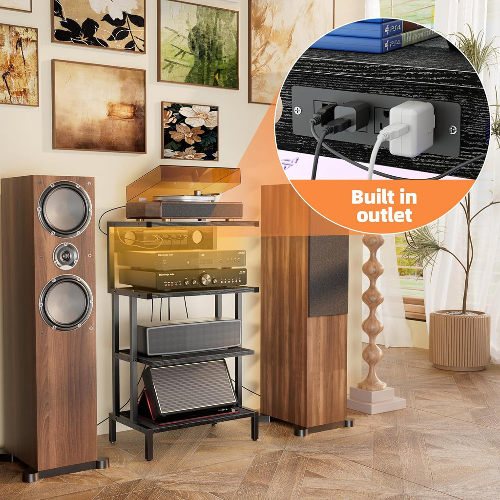 Aquzee Game Console Shelf, 4-Tier Video Gaming Consoles Stand with Outlet & RGB Light, Small Media Entertainment Center for Audio Stereo Storage Organizer Playroom Furniture, Stereo Stands and Racks