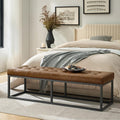 HULALA HOME 61" Faux Leather Bench with Metal Base, Upholstered Bedroom Bench for End of Bed, Button-Tufted Footstool for Entryway Living Room Dining Room, Camel