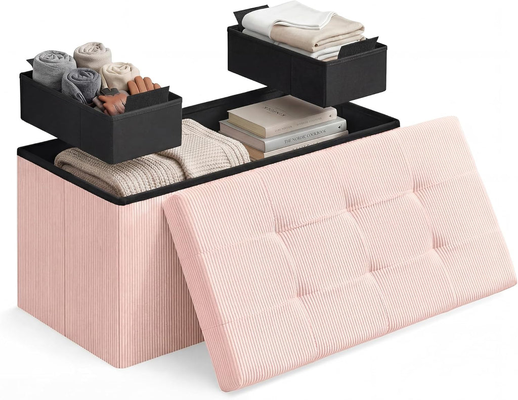 SONGMICS Home Ottoman with Storage, Removable Lid, Folding Storage Chest, Easy Assembly, for Entryway, Bedroom, Living Room, 15.2 x 30.2 x 15.2 Inches, Corduroy, Light Pink