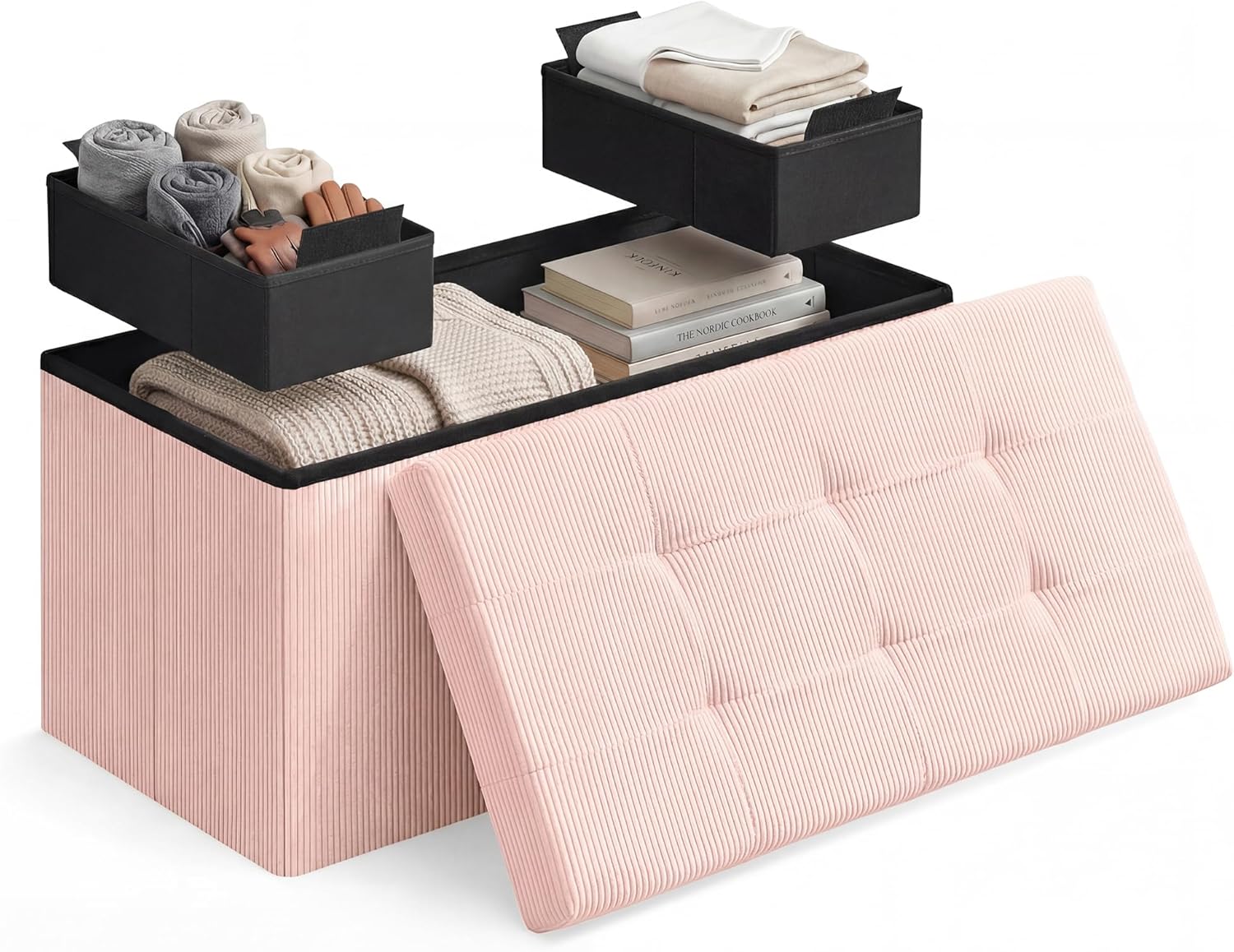 SONGMICS Home Ottoman with Storage, Removable Lid, Folding Storage Chest, Easy Assembly, for Entryway, Bedroom, Living Room, 15.2 x 30.2 x 15.2 Inches, Corduroy, Light Pink