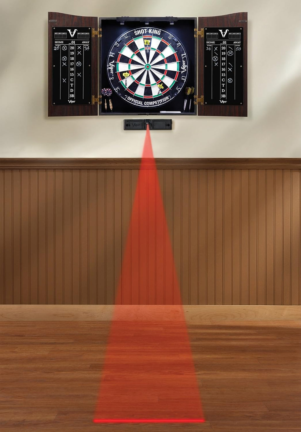 Viper Vault Cabinet & Shot King Sisal/Bristle Dartboard Ready-to-Play Bundle with Two Sets of Steel-Tip Darts, Throw Line, and Dry Erase Scoreboards, Walnut Finish