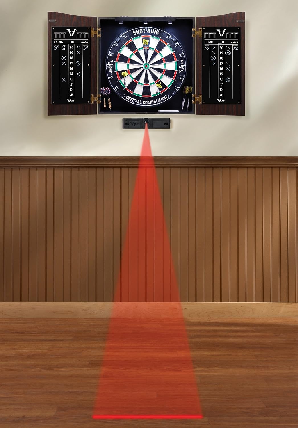 Viper Vault Cabinet & Shot King Sisal/Bristle Dartboard Ready-to-Play Bundle with Two Sets of Steel-Tip Darts, Throw Line, and Dry Erase Scoreboards, Walnut Finish