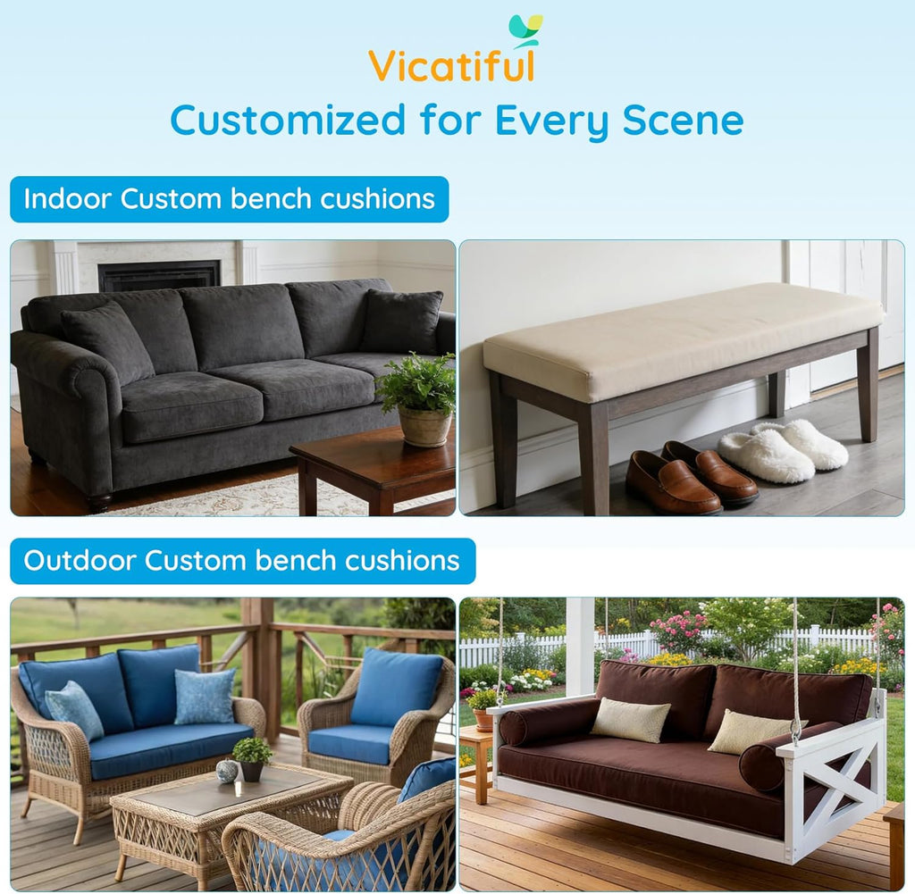 Custom Size Bench Cushion, Made-to-Measure Indoor/Outdoor Seat Cushion – Waterproof & Breathable, High-Density Foam, Removable Washable Cover for Window Seat, Patio, Entryway