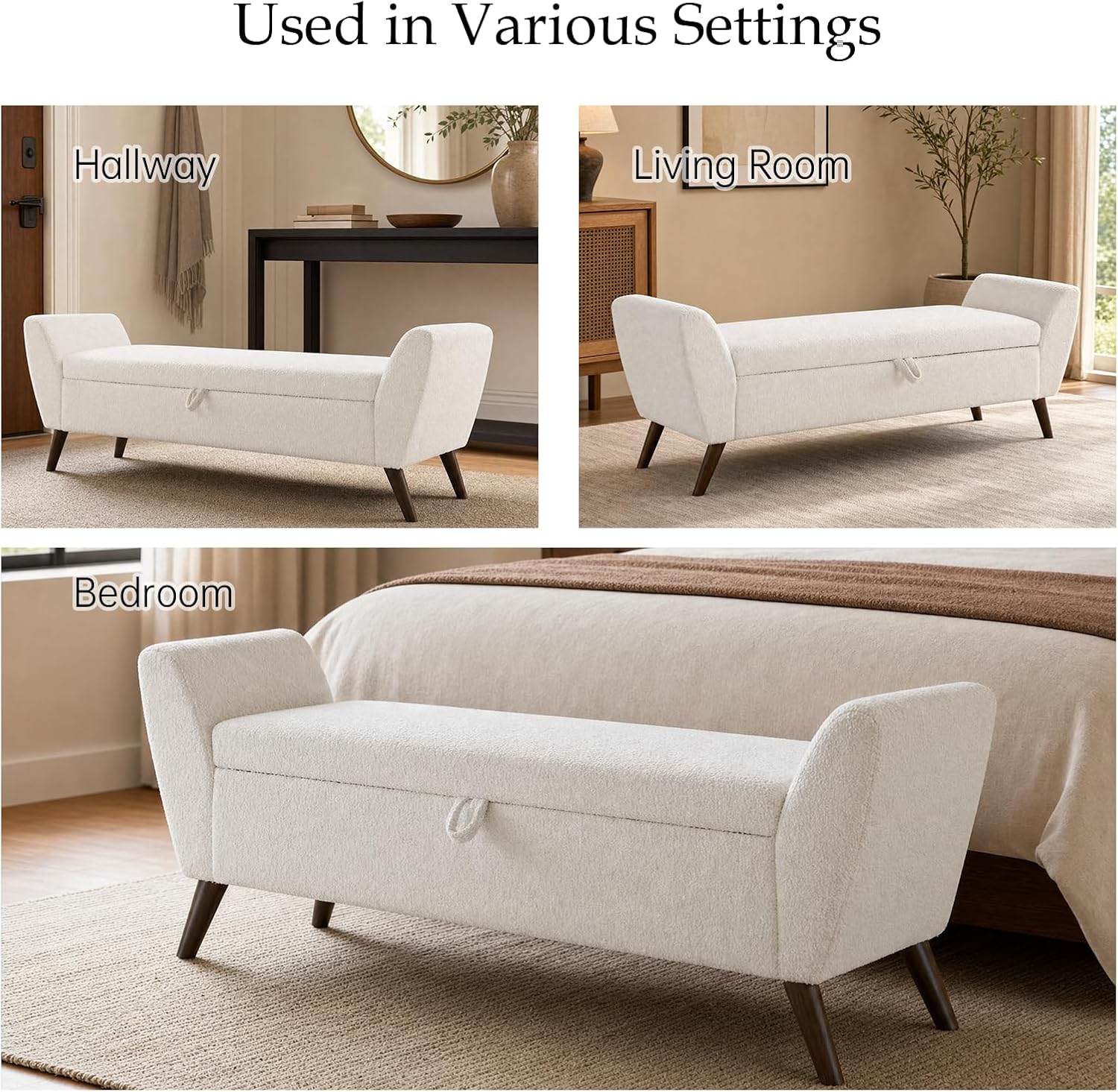 60" Storage Ottoman Bench, Teddy Fabric End of Bed Bench with Solid Wood Legs, Large Hidden Storage for Bedroom & Entryway (Beige)