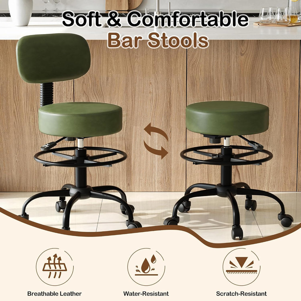 Drafting Chair with Back Support, Adjustable Foot Rest Rolling Stool, 360° Swivel Office Desk Chair with Wheels, Thick Seat Cushion for Home Bar Salon Tattoo Shop (1, Green)