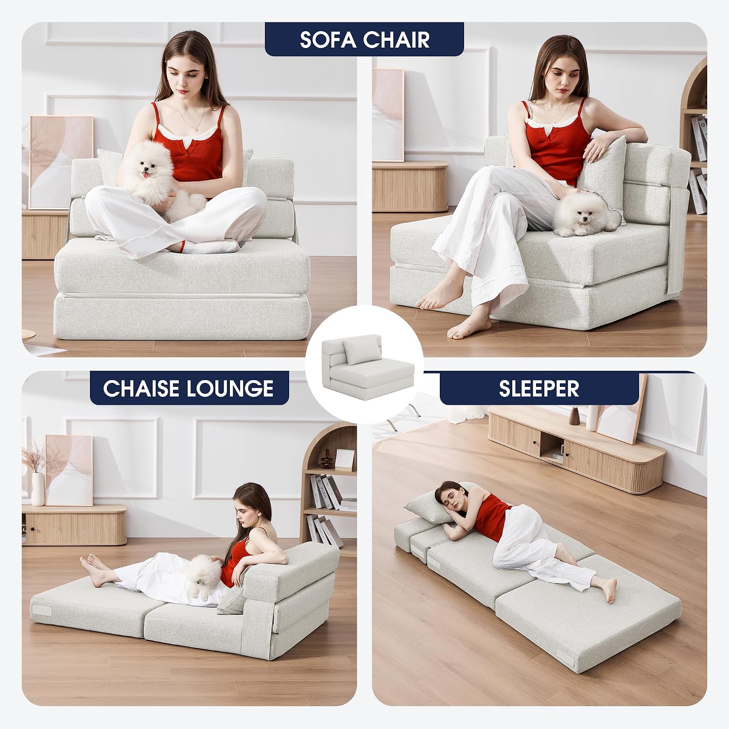 KINGYES 3-in-1 Foldable Chair Bed, Folding Sleeper Chair with Back Cushion, Convertible Sofa Bed for Adults, Cream Beige