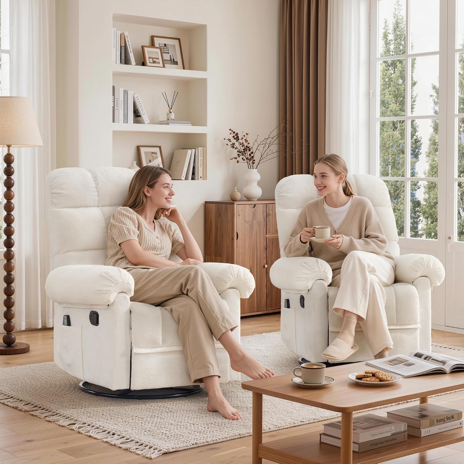 Korser 360° Swivel Rocker Recliner Chair, Rocking Chair Nursery with Massage and Heat, Small Recliners for Small Space, Manual Reclining Chair with Cozy Chenille Fabric, Side Pockets for Living Room