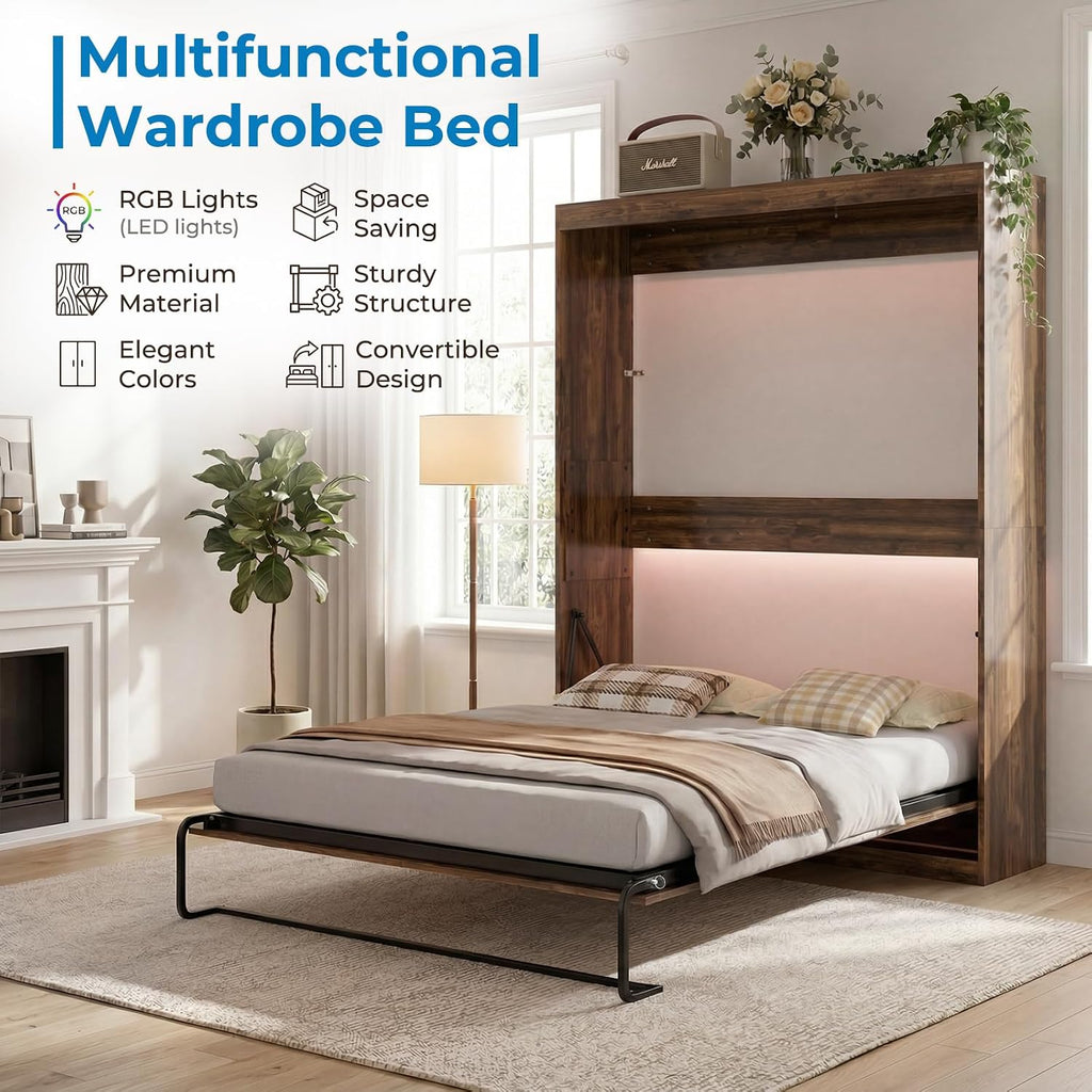 Mjkone Cabinet Beds Queen Size, Hidden Murphy Wall Bed, 64.6" W Queen Murphy Cabinet Chest Beds with 16 Colors of LED Lights, Space-Saving Design Guest Bed for Apartment, Offices, Small Space, Brown
